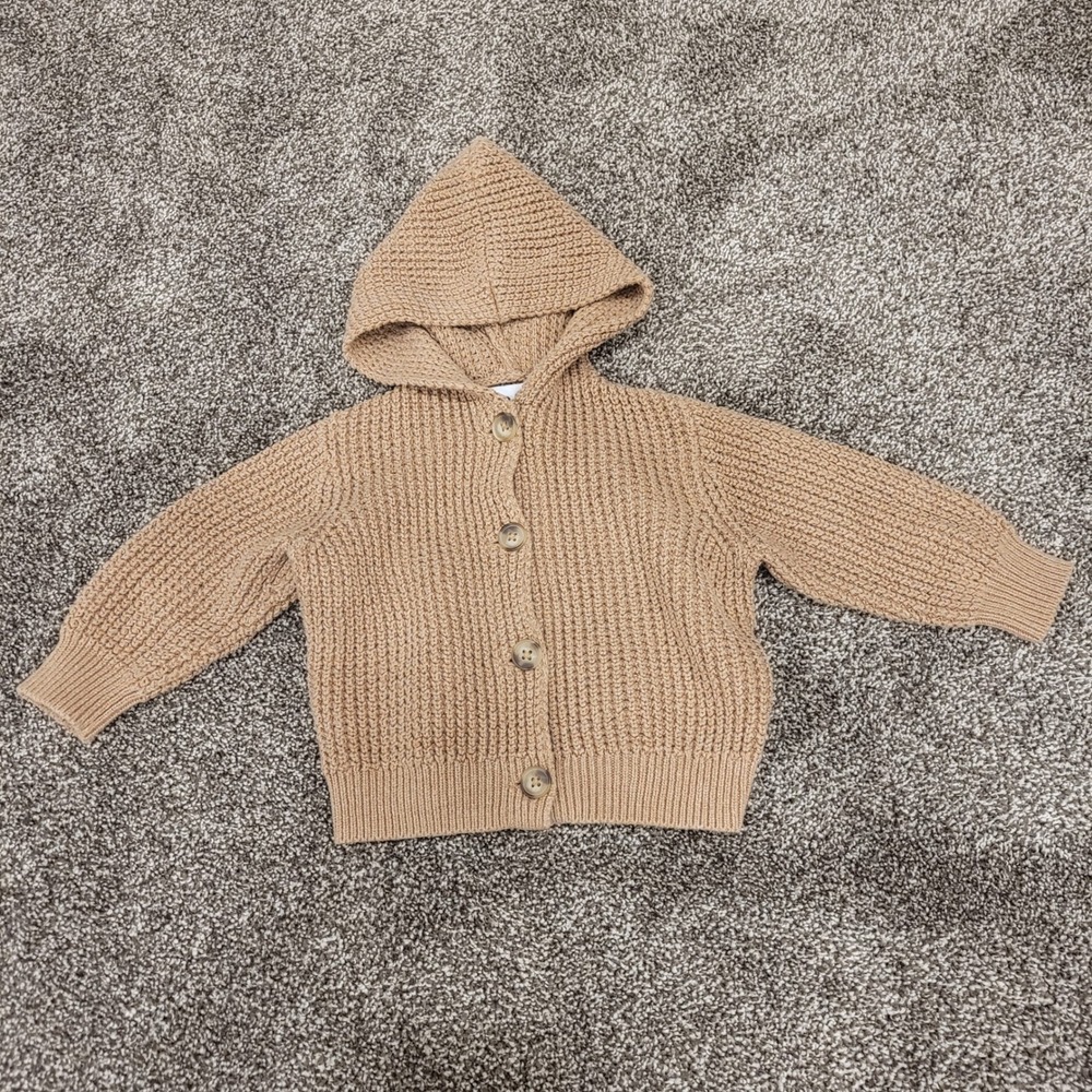 Old Navy Toddler Tan Cotton Shaker Knit Hooded Cardigan Sweater 12-18M RN54023